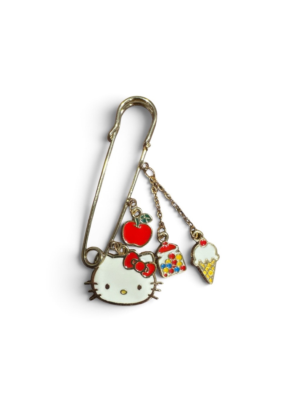 Hello Kitty Gold-Tone Charm Safety Pin with Red, White, Green, Yellow Accents
